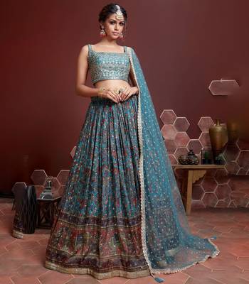 blue bangalore silk sequins work lehenga set choli with dupatta 1