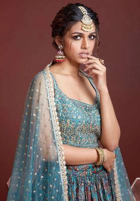 blue bangalore silk sequins work lehenga set choli with dupatta 2