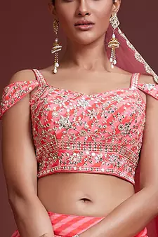 peach zari and sequins embroidered organza lehenga set choli with dupatta with dupatta