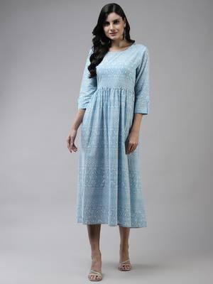Sky-blue printed cotton long-dresses 1