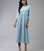 Sky-blue printed cotton long-dresses