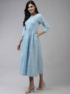 Sky-blue printed cotton long-dresses 2