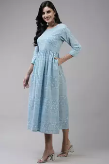 Sky-blue printed cotton long-dresses