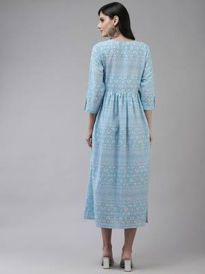 Sky-blue printed cotton long-dresses 3