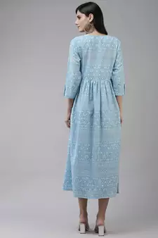 Sky-blue printed cotton long-dresses