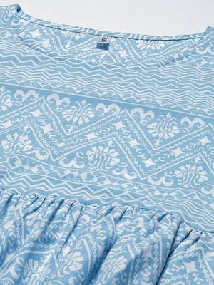 Sky-blue printed cotton long-dresses 4