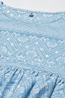Sky-blue printed cotton long-dresses