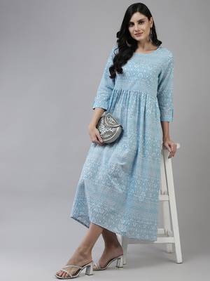 Sky-blue printed cotton long-dresses 5
