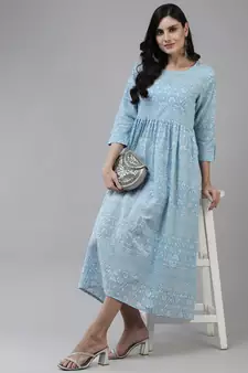 Sky-blue printed cotton long-dresses