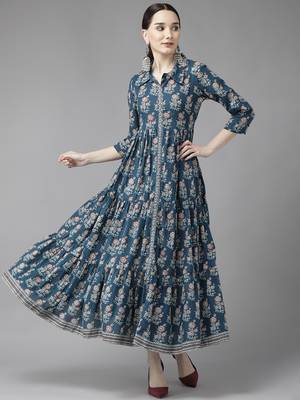 Blue printed cotton long-dresses 1