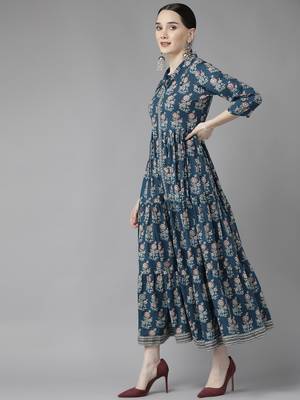 Blue printed cotton long-dresses 2