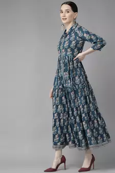 Blue printed cotton long-dresses