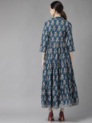 Blue printed cotton long-dresses 3