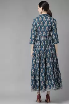 Blue printed cotton long-dresses