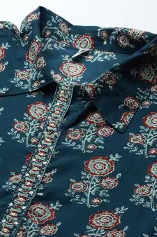 Blue printed cotton long-dresses