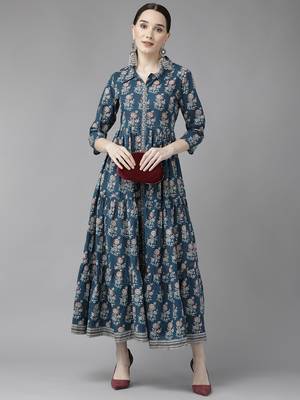 Blue printed cotton long-dresses 5