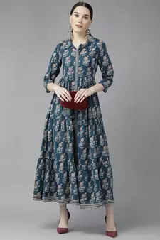 Blue printed cotton long-dresses