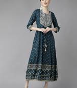 Teal printed viscose rayon long-dresses