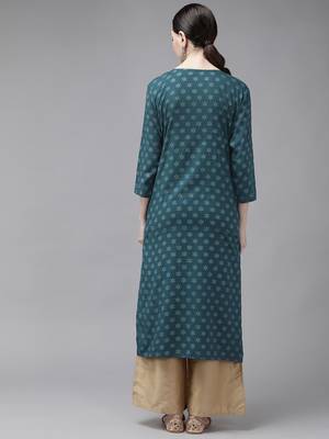 Teal-green printed rayon kurtas-and-kurtis 3