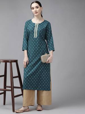 Teal-green printed rayon kurtas-and-kurtis 5
