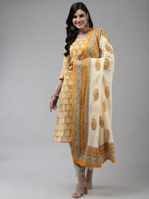 Yellow printed cotton ethnic-kurtis 1