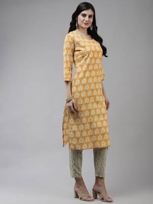 Yellow printed cotton ethnic-kurtis 2
