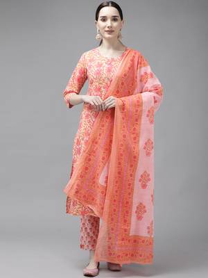 Peach printed cotton ethnic-kurtis 1