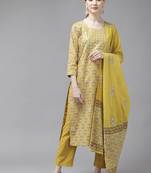 Mustard printed cotton ethnic-kurtis