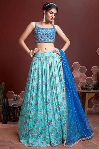Gorgeous Sky Blue Zari and Sequins Embroidered Designer Silk Lehenga with Mirror Work Choli and soft net Dupatta