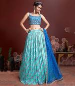 Gorgeous Sky Blue Zari and Sequins Embroidered Designer Silk Lehenga with Mirror Work Choli and soft net Dupatta