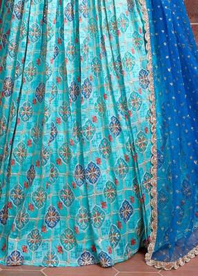 sky blue zari and sequins embroidered silk lehenga with mirror work choli and soft net dupatta 3