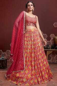 Gorgeous Red Zari and Sequins Embroidered Designer Silk Lehenga with Mirror Work Choli and soft net Dupatta