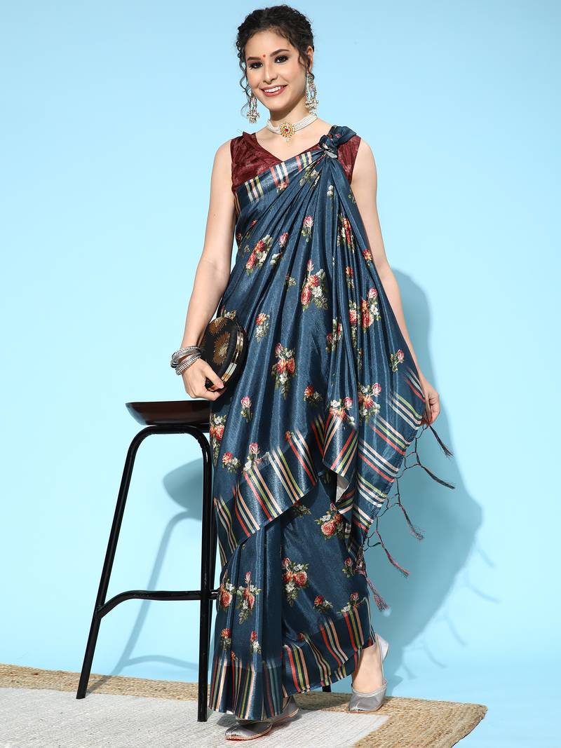 SAREE MALL Women's Dola Silk Teal blue Digital Print Designer Saree ...