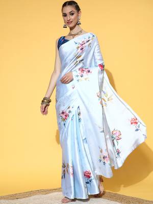 SAREE MALL Women's Crepe Grey Digital Print Designer Saree With Blouse Piece 1