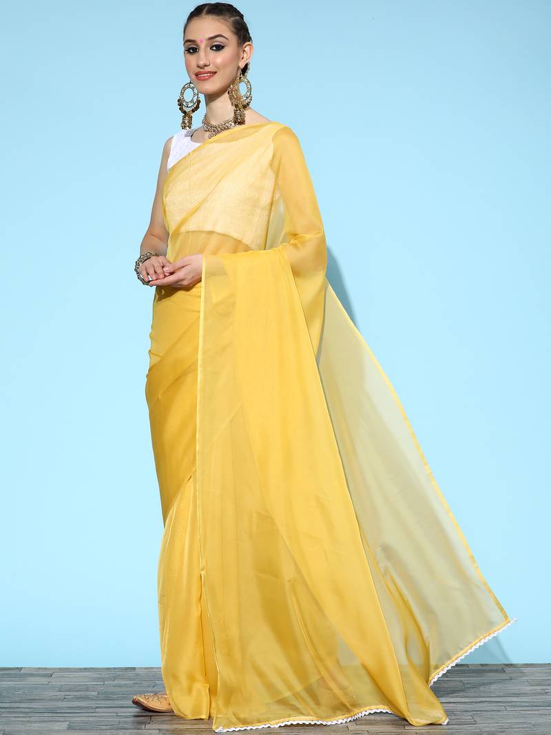 SAREE MALL Women's Organza Mustard Solid Celebrity Saree With Blouse ...
