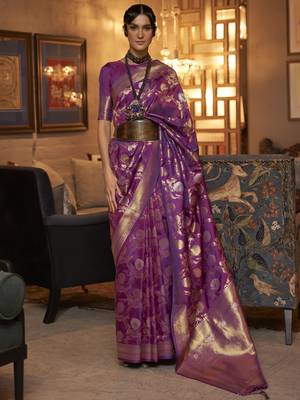 SAREE MALL Women's silk Purple Woven Design Handloom Saree With Blouse Piece 1