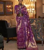 SAREE MALL Women's silk Purple Woven Design Handloom Saree With Blouse Piece