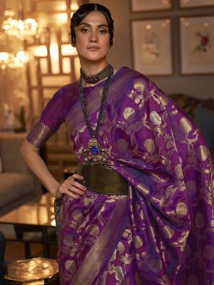 SAREE MALL Women's silk Purple Woven Design Handloom Saree With Blouse Piece 2