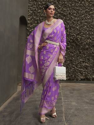 SAREE MALL Women's Nylon Lavendar Woven Design Designer Saree With Blouse Piece 1