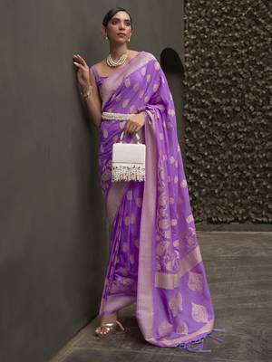 SAREE MALL Women's Nylon Lavendar Woven Design Designer Saree With Blouse Piece 2