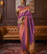 SAREE MALL Women's silk Purple Woven Design Handloom Saree With Blouse Piece