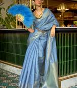 SAREE MALL Women's Organza Blue Woven Design Celebrity Saree With Blouse Piece