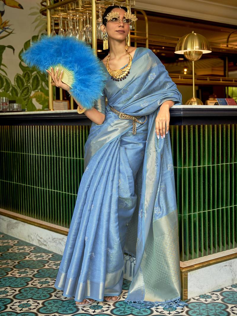 SAREE MALL Women's Organza Blue Woven Design Celebrity Saree With Blouse Piece
