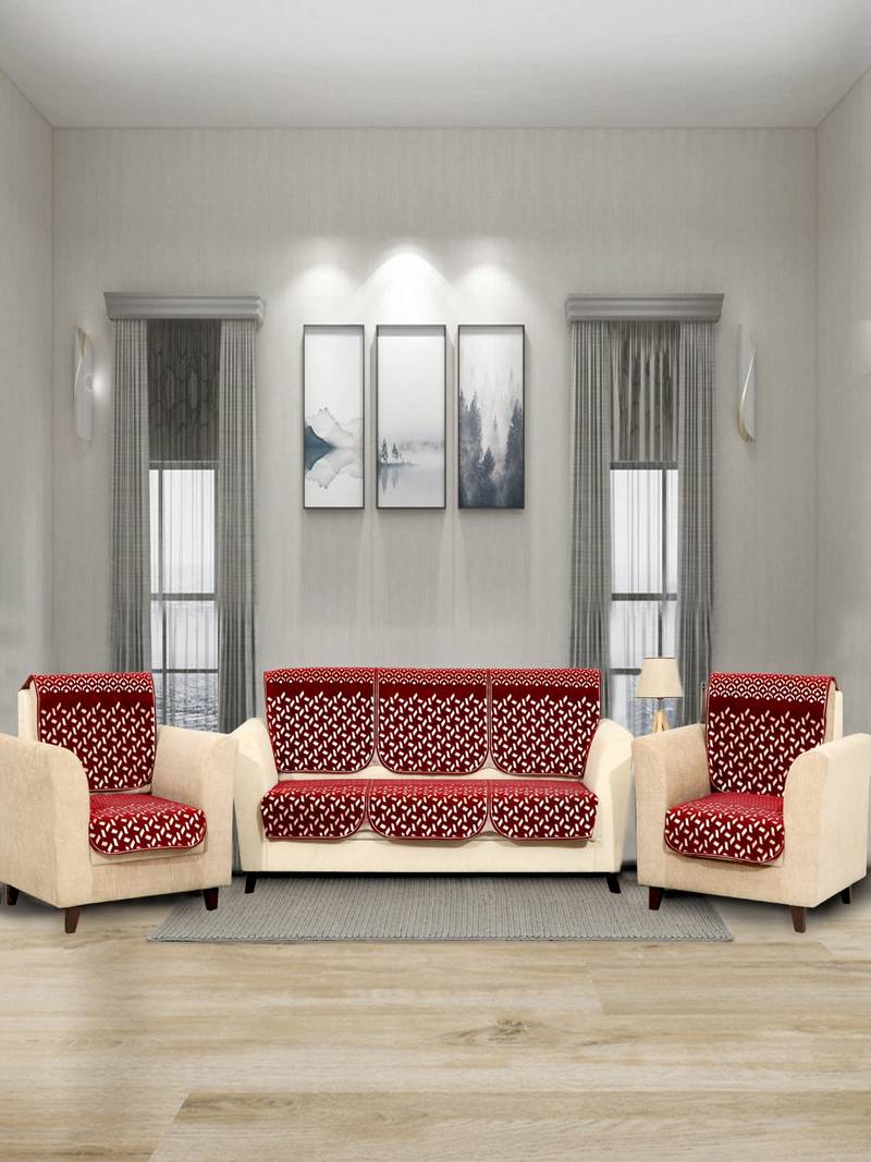 BELLA TRUE Chenille Sofa Cover Maroon Set of 6 Pcs for 5 Seater