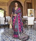   navy blue printed silk saree with blouse