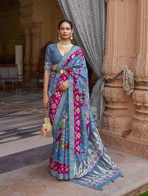   light blue printed silk saree with blouse 1