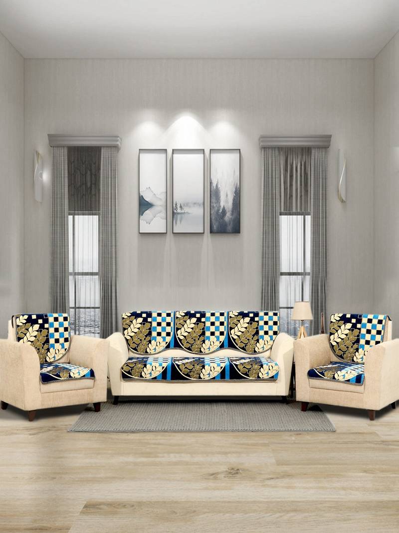 BELLA TRUE Chenille Sofa Cover Blue Set of 6 Pcs for 5 Seater