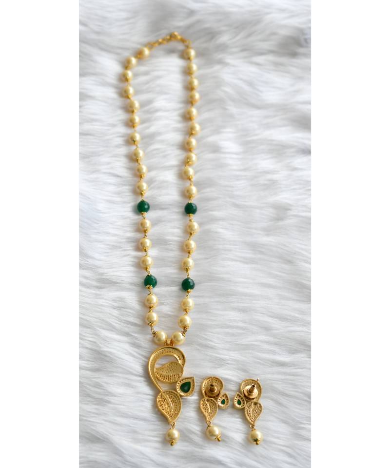 Gold tone green-white pearl necklace set dj-01419
