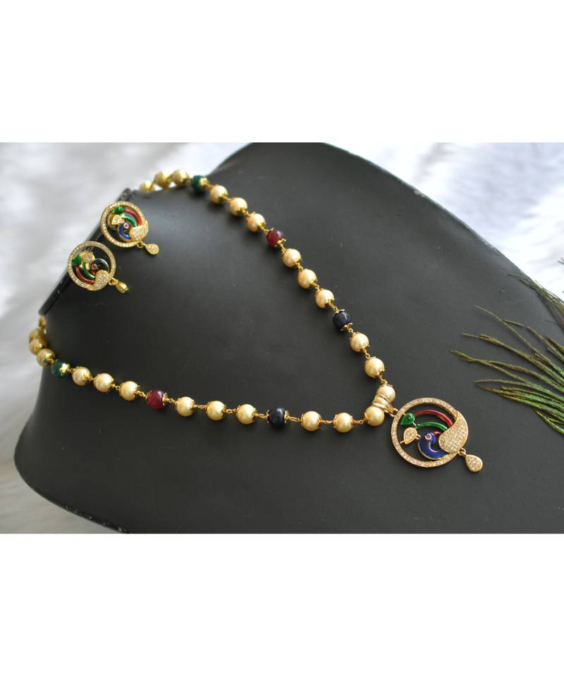 Gold tone meenakari peacock pearl necklace set dj-01420