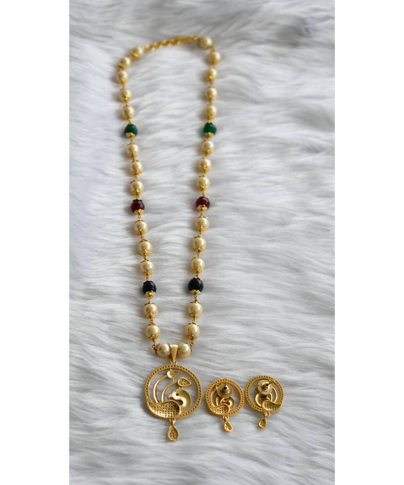 Gold tone meenakari peacock pearl necklace set dj-01420